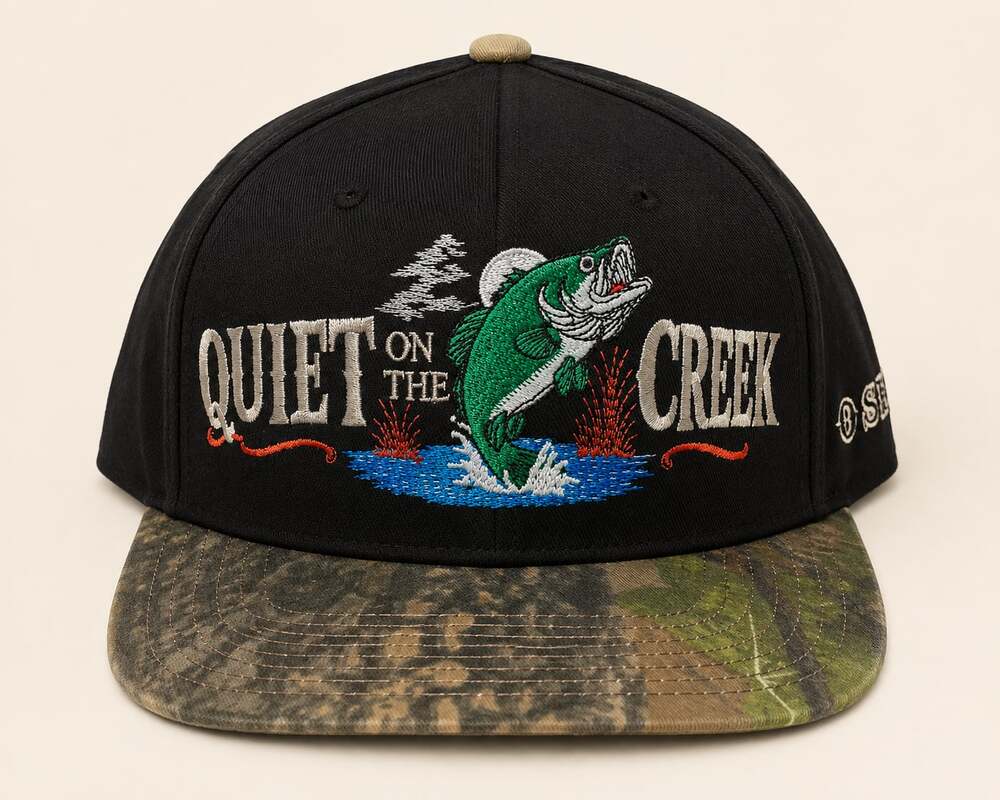 Atonal Quiet On The Creek Camo Bass Fishing Snapback Hat Gorpcore Y2K